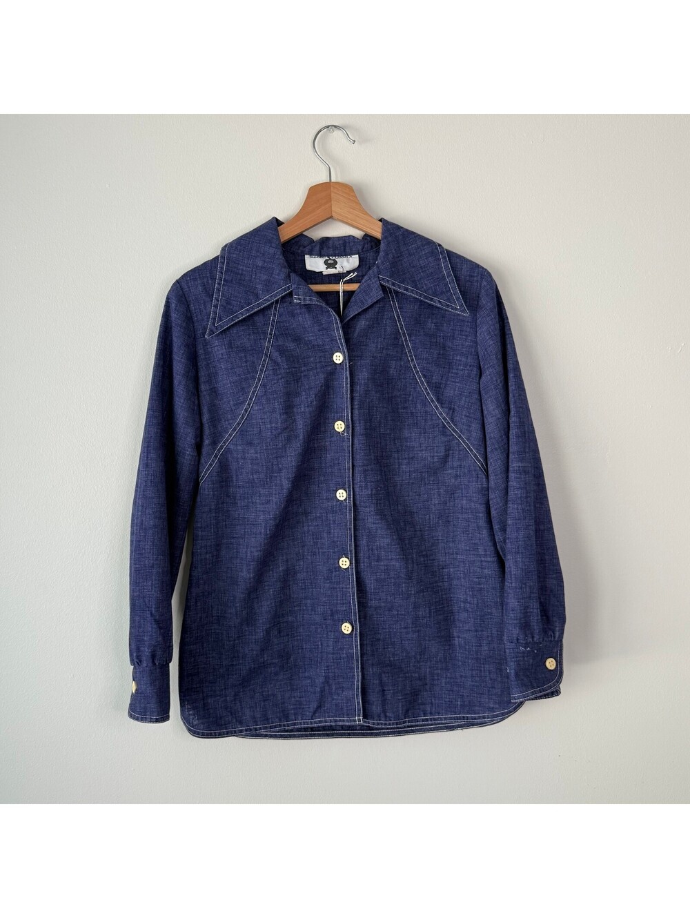 Vintage 70s Mod Blue Denim Long Sleeve Button Down Dagger Collar Shirt Large